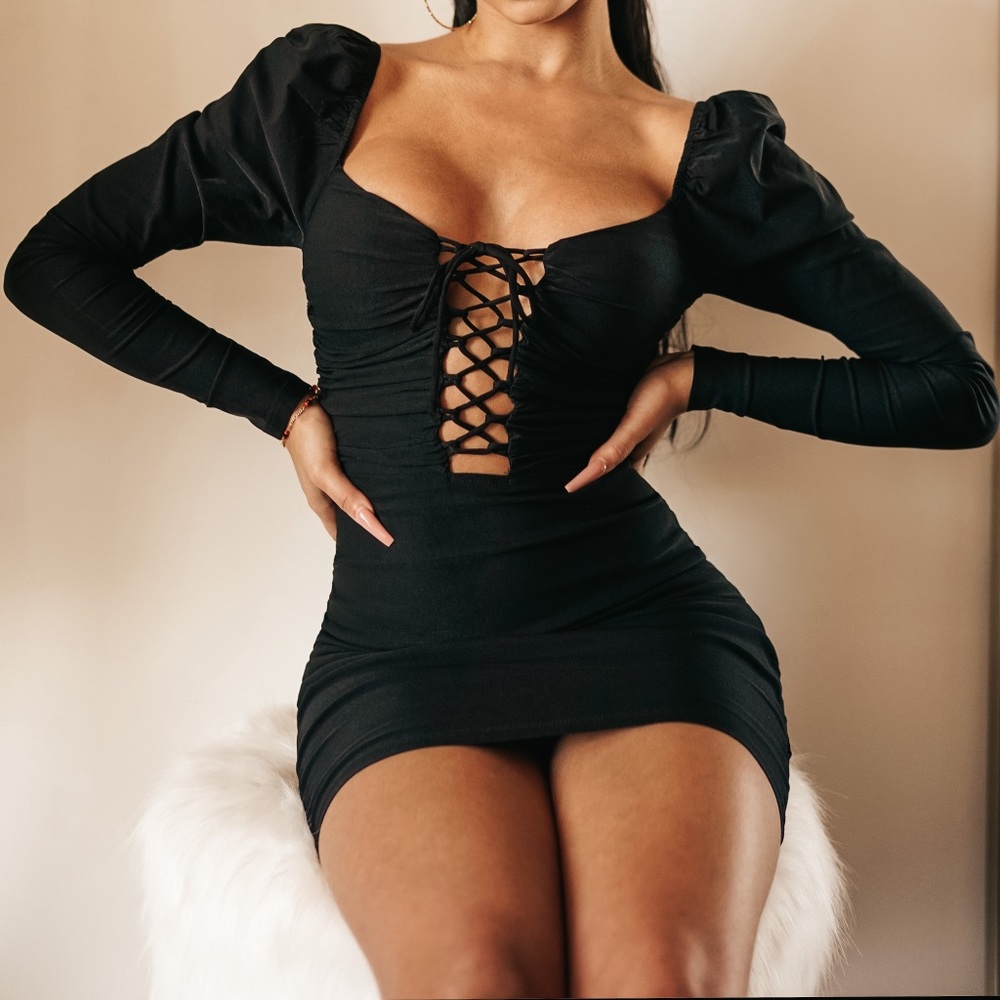 Black Front Lace Up Puff Sleeve Mini Dress